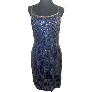 NITELINE by Della Roufogali Silk Navy Gold Beaded Cocktail Dress Size 6 0377